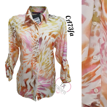 Camicia donna 100% VISCOSA  art CA73fa Naike con bottoni anche dietro bianco con striature di giallo