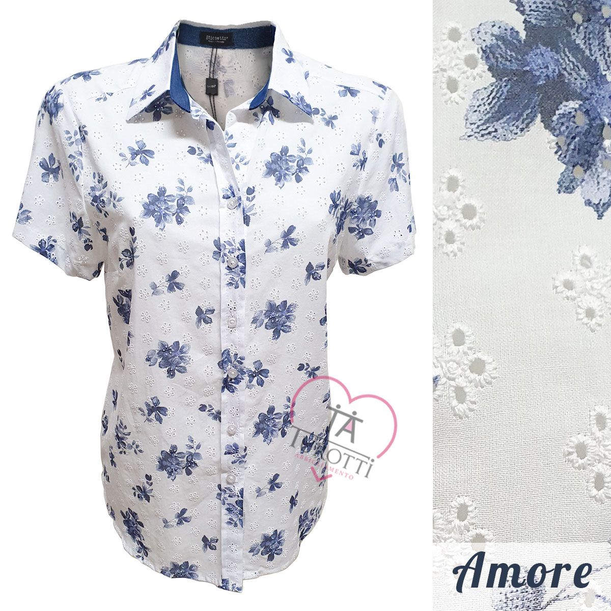 Camicia donna tessuto Sangallo mezza manica art. Amore Etichetta fiori blu