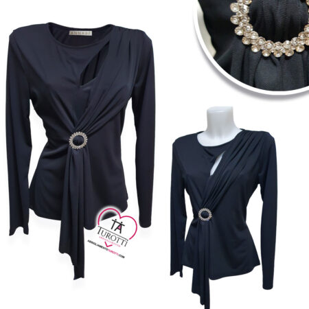 Maglia donna manica lunga girocollo  Annare  603  con apertura a goccia  coperta da fascia fissata da spilla applicata