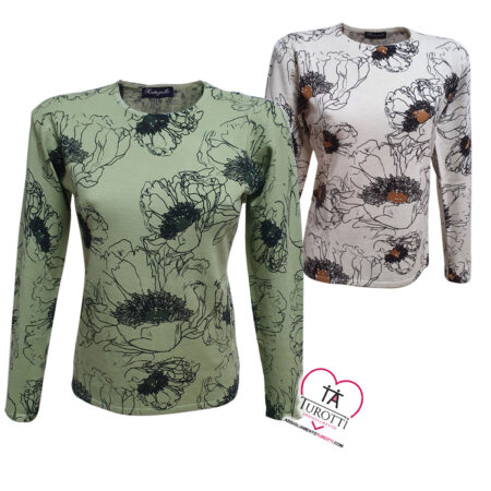 Maglia Girocollo Donna Madreperla 3252 stampa fiori stilizzata