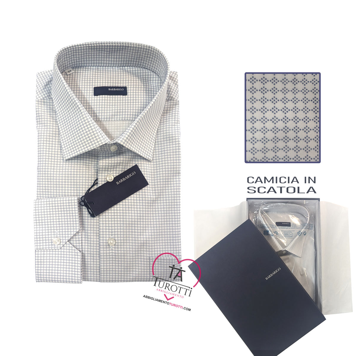Camicia da uomo calibrata bianca blu microfantasia geometrica