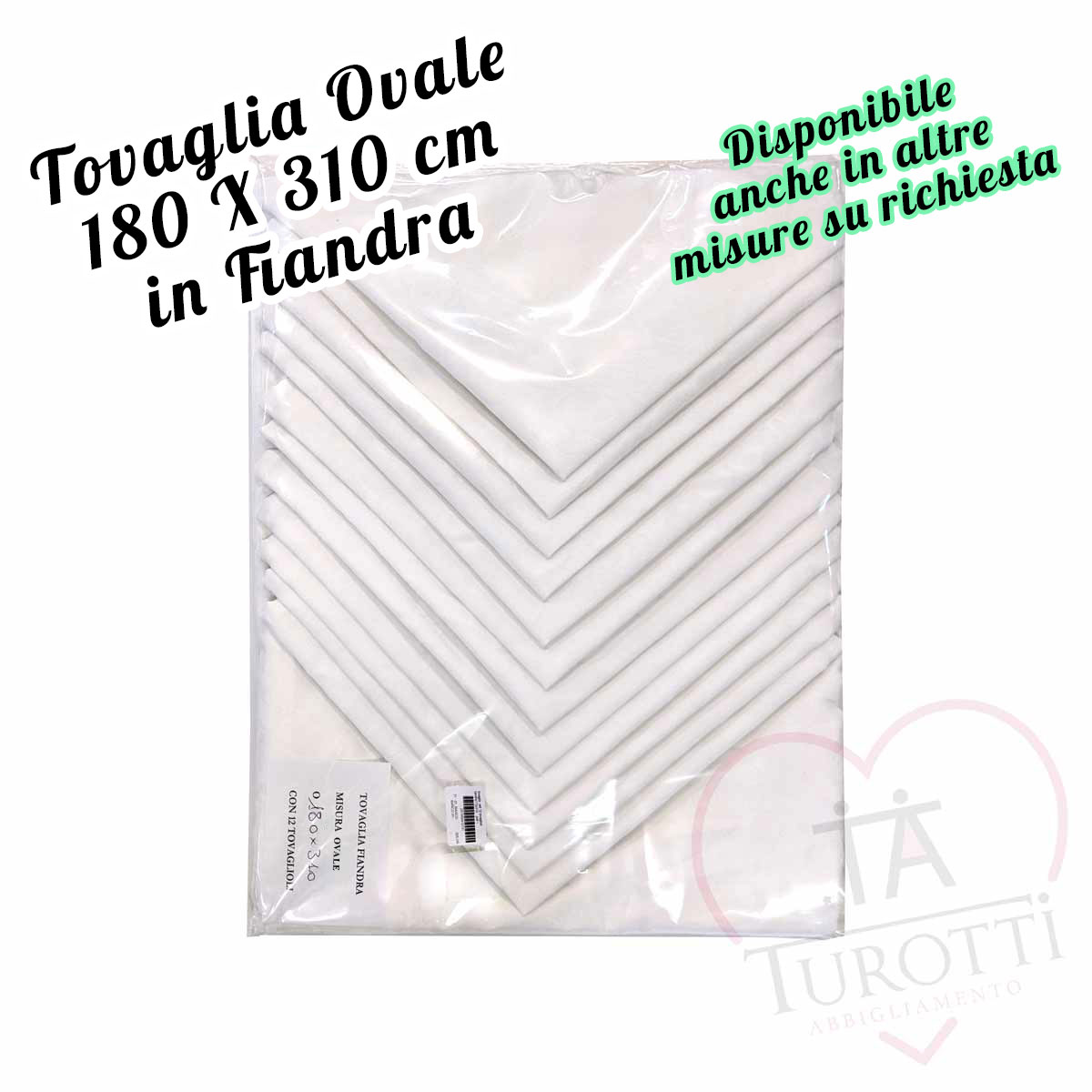 Tovaglia in fiandra Ovale 12 tovaglioli misura 180x310 cm bianca