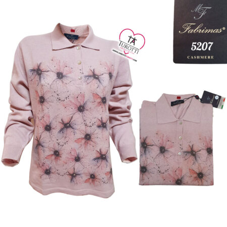 Polo donna  lana merinos Fabrimas art 5207 colore rosa con fiori e perline variante 1 - immagine 2