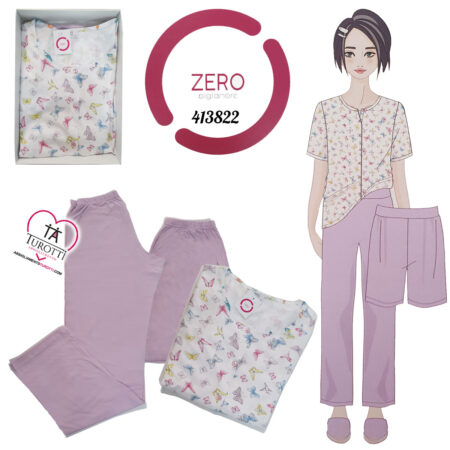 Pigiama donna Serafino Zero art 413822 3 pezzi maglia girocollo serafino pantaloni lunghi pantaloni corti lilla - immagine 2