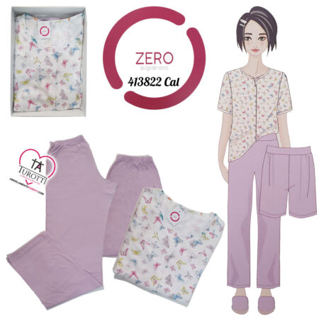 Pigiama donna Serafino Zero art 413822 Cal 3 pezzi maglia girocollo serafino pantaloni lunghi pantaloni corti lilla taglia calibrata - immagine 2