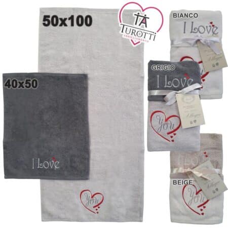 Set asciugamani con scritta ricamata I Love e disegno con cuore