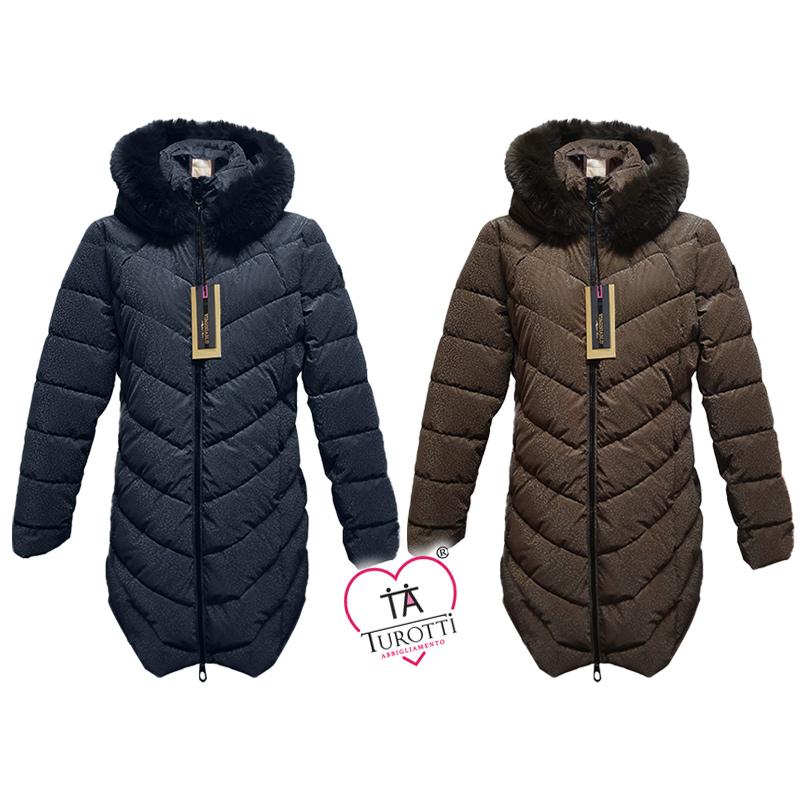 Piumino Donna VIRGINIA BLU Tramonto 11L lungo con pelo in eco piuma e cappuccio staccabile