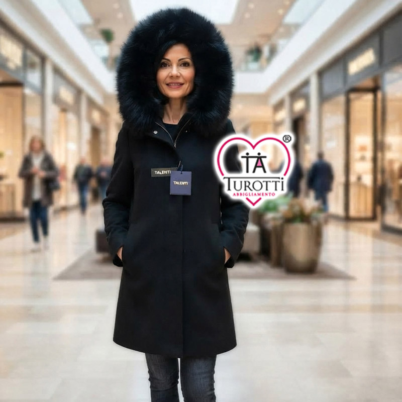 Giaccone Donna Lana Talenti con Cappuccio e Profilo in Pelo 26108 modello M26T254 - immagine 3