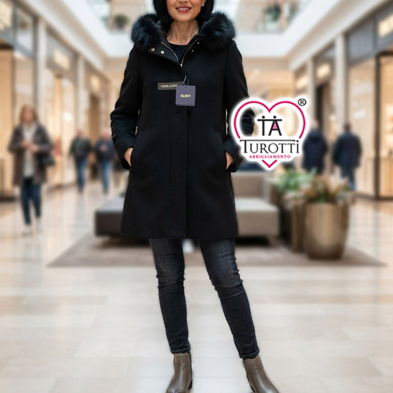 Giaccone Donna Lana Talenti con Cappuccio e Profilo in Pelo 26108 modello M26T254 - immagine 2